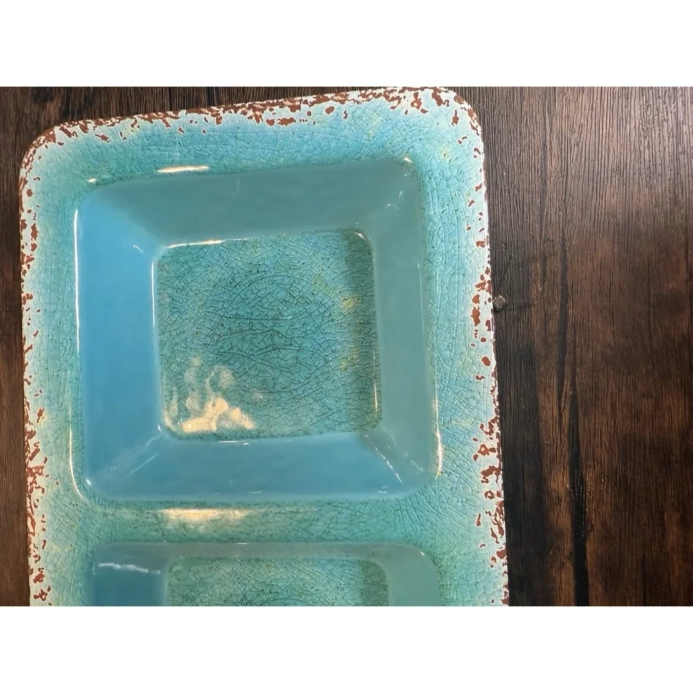 PIER‎ 1 Carmelo Crackle Aqua Blue Teal Melamine 3 Part Serving Tray Rustic 19.5